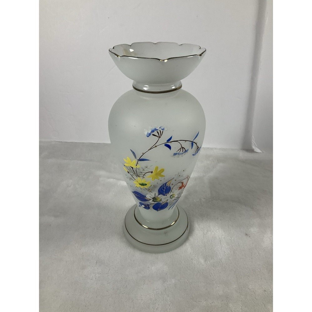 Vase Victorian Bristol Opaline Floral‎ Hand Blown & Hand-Painted on White Decor